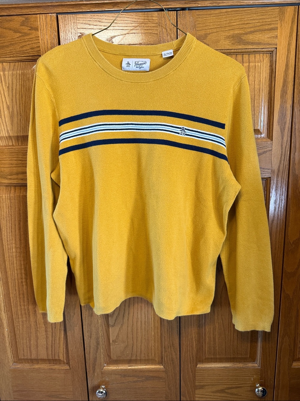 Original Penguin Mustard Crewneck Sweater with Navy & White Stripes-XL